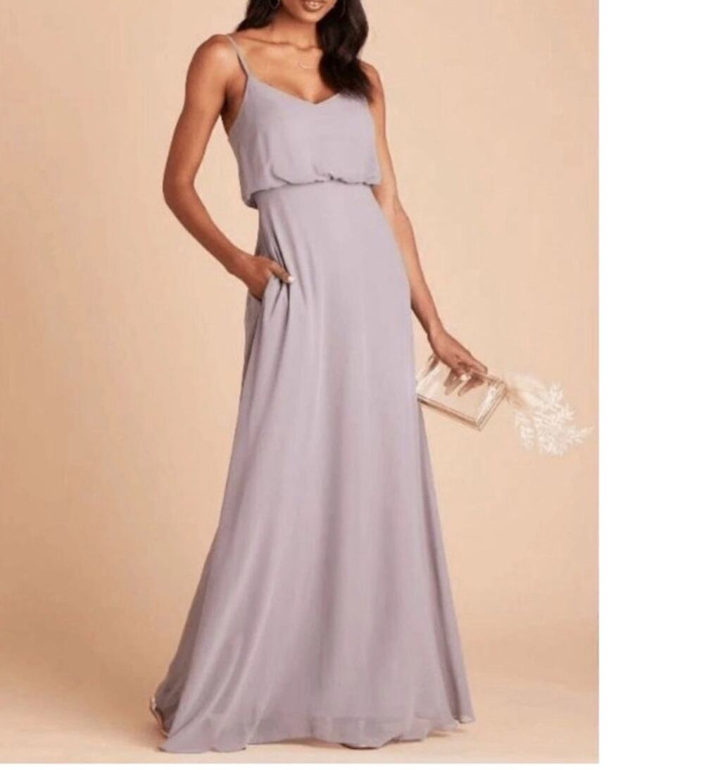 Birdy Grey Gwennie Silver Chiffon V Neck Bridesmaid Maxi Dress Medium Pockets